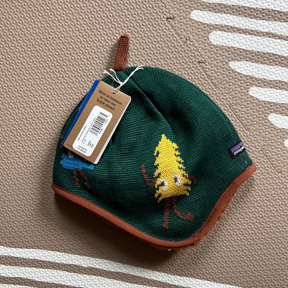 Patagonia Kids Green Knit Beanie with Yellow Tree Accent and Brown Trim